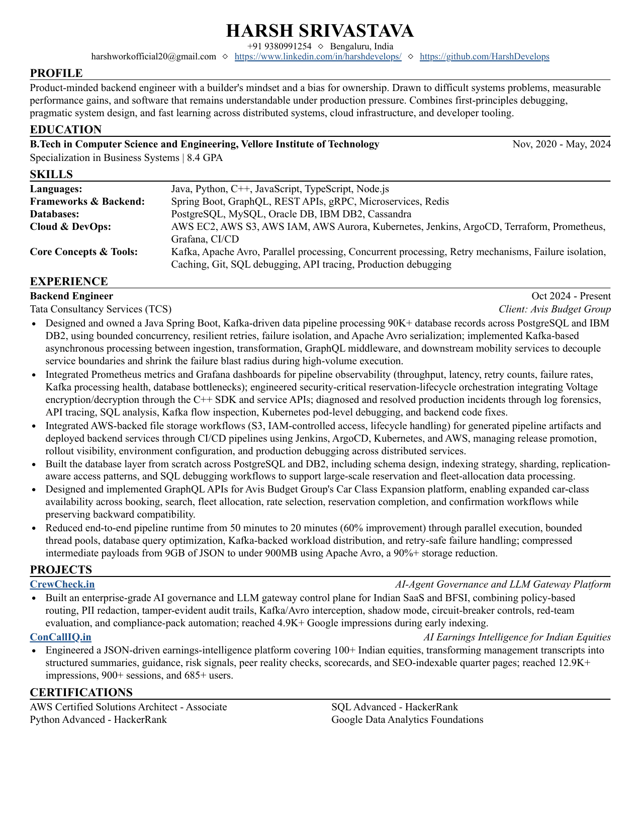 Preview of Harsh Srivastava's Java backend engineer resume